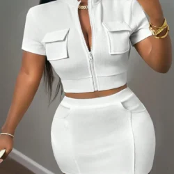 New Spring Summer Casual Street Style Short Sleeve Zipper Top with Pocket Stand…