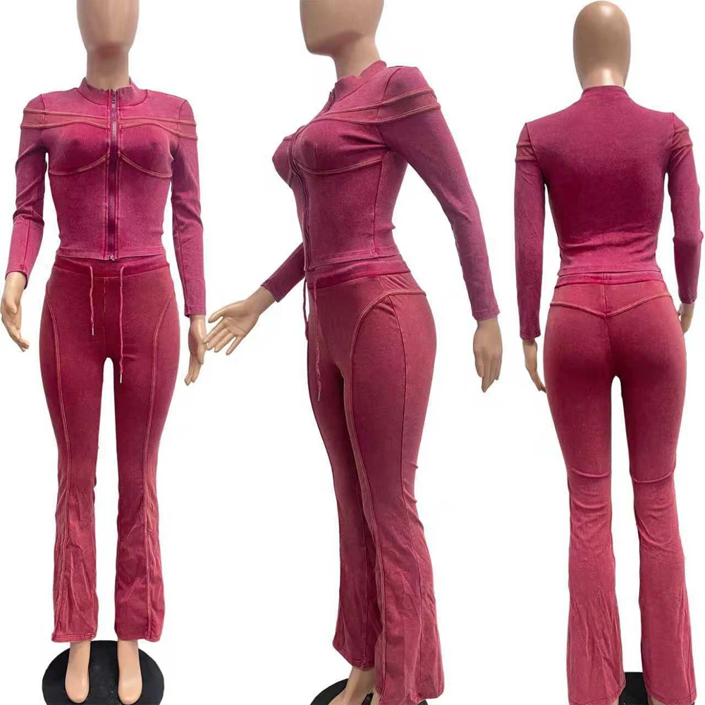 Trends 2026 Women's Sets Acid Washed Long Sleeve Zip Tops and Flare Pants Suit… - Image 4
