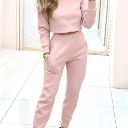 Women Pink 2-Piece Tracksuit Crop Sweatshirt + Jogger Pants Set Casual Loungewear…