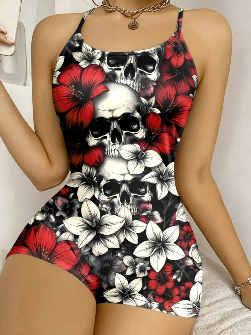 Retro Floral Skull Slimming Jumpsuit Street Style Elastic Fit Tight Suspender… - Image 3
