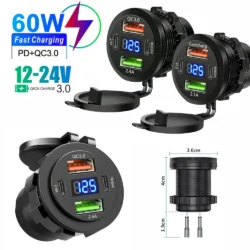 Multi Ports Car Charger PD QC3.0 USB Charger Socket with Digital Voltmeter 12V/24V…