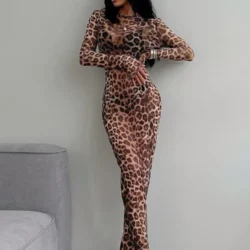 Hugcitar Leopard Print Mesh Long Sleeve Sexy Slim See Through Maxi Dress Fall…