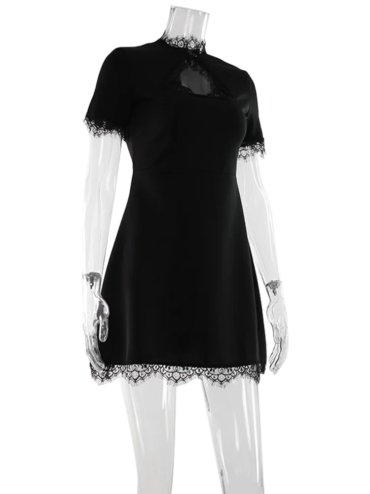 Ahagaga Sexy Women's Mini Dresses Patchwork Short Sleeves Lace Hollow Out Slim Fit… - Image 6