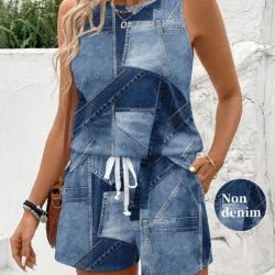 Women's Spring Summer Fashion Denim-Look Sleeveless T-Shirt and Denim-Look Shorts…