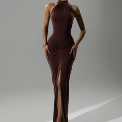 Mozision Halter Ruched Sleeveless Sexy Maxi Dress Women Gown Fashion Slim High…