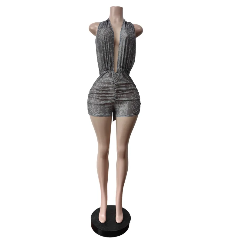 Summer Sexy Mesh Print Lace up Halter Backless Skinny Jumpsuits Women Baddies… - Image 3