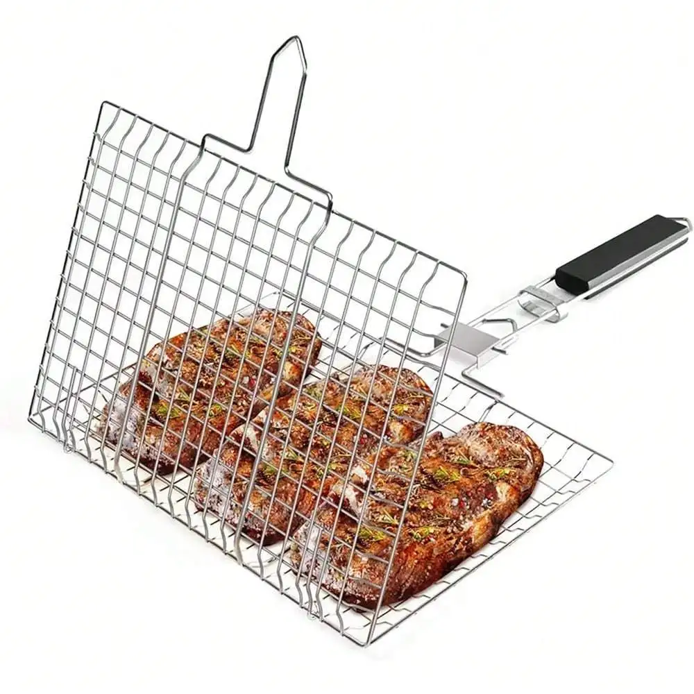 1pc Folding Outdoor Camping Stainless Steel BBQ Rack With Removable Handle…