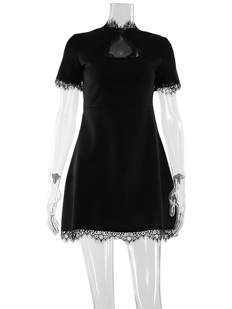 Ahagaga Sexy Women's Mini Dresses Patchwork Short Sleeves Lace Hollow Out Slim Fit… - Image 14