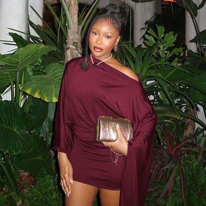 Hugcitar Solid Long Cloak Sleeve Sexy Loose Sexy Ruched Sexy Bodycon Mini Dress… - Image 42