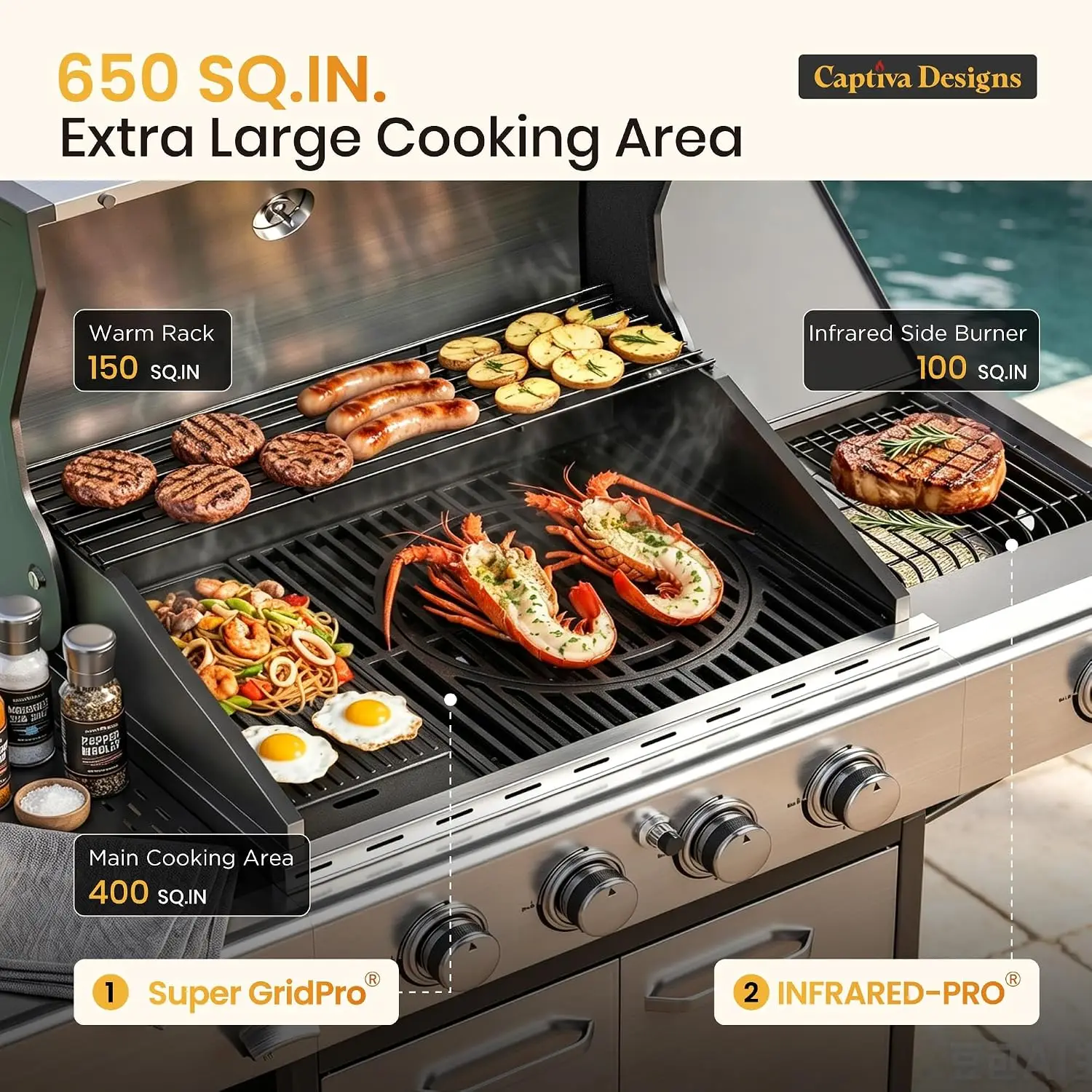 4 Burner Propane Gas BBQ Grills with Infrared Sear Burner, Custom - Image 3