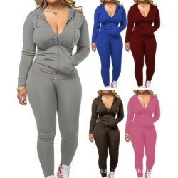 Women's Casual Sexy Long-sleeved Zipper Hooded Two-piece Sports Suit Europe and…