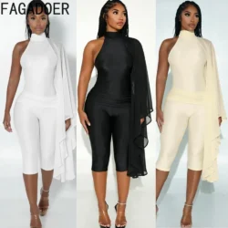 FAGADOER Women Asymmetric Cape Capri Jumpsuit Mock Neck Backless Pearl Button…