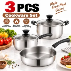 Stainless Steel Cookware Set 3pcs Frying Pan Saucepan Stock Pot Glass Lid Single…