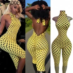FAGADOER Fashion Color Dot Printing Bodycon Jumpsuits Woman Halter Sleeveless…