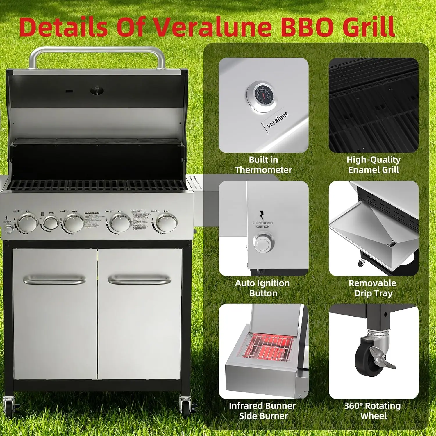 4 Burner Gas Grill with Infrared Side Burner, Side Shelves, Wheels, Custom - Image 5