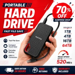 Portable 2TB External SSD Hard Drive USB 3.1 Type-C Fast Storage for Laptop/Mac/PC…