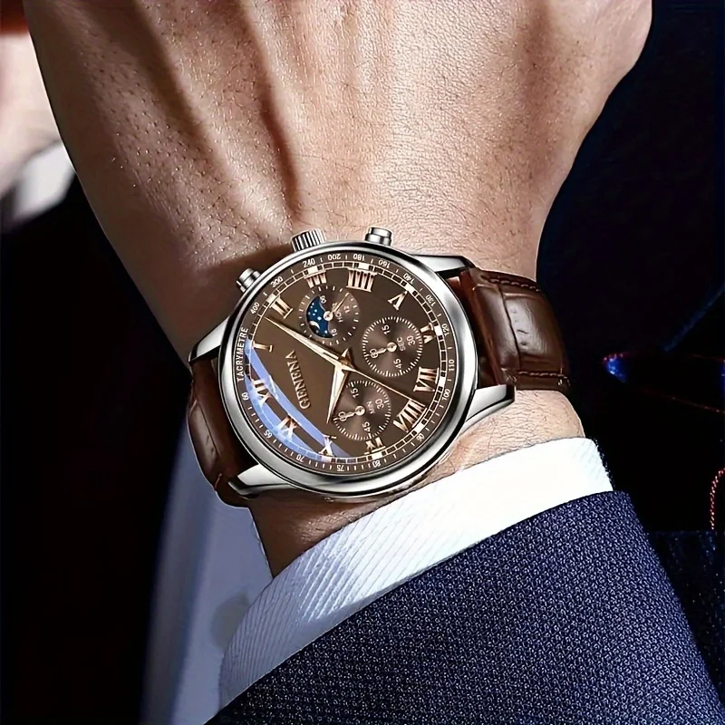 GENEVA High Quality Men's Luxury Belt Fashion Quartz Watch Men Round Business Student Sport Waterproof Glow Clock - Image 2