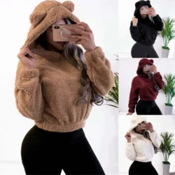Winter Korean Fashion Bear Ears Cute Loose Hoodie Fluffy Hooded Warm Sweatshirt…