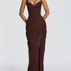Rinabe Corset Waist Maxi Dress Cross Tied Back High Split Pleated Slim Bodycon…