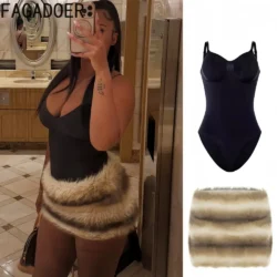 FAGADOER Women Halter Bodysuit and Faux Fur Mini Skirt Two Piece Set Sexy Bodycon…