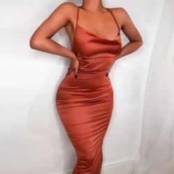 2024 Summer Women's Elegant Party Sexy Lace Up Nightclub Dress Satin Long Dress…