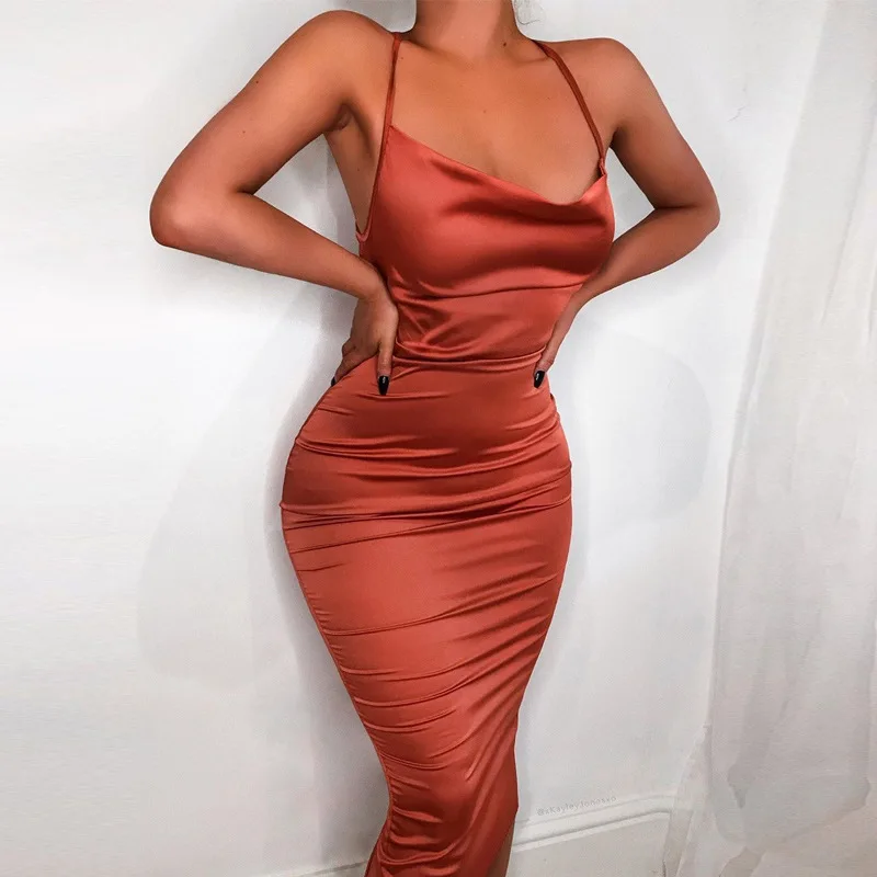 2024 Summer Women's Elegant Party Sexy Lace Up Nightclub Dress Satin Long Dress…