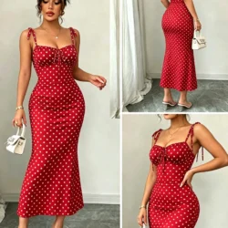 High-Elasticity Red Polka Dot Fishtail Skirt with Shoulder Straps + Chest Ruching…