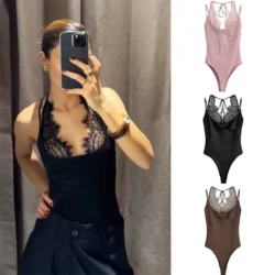 Women's Jumpsuit 2026 Spring New Solid Color Halter Neck Lace Splice Sexy Slim-Fit…