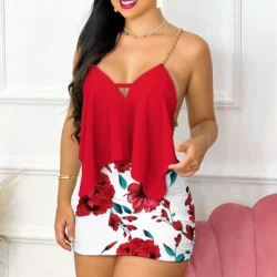 Womens Dresses Summer Fashion Floral Print Asymmetrical Chain Strap Sexy Backless…