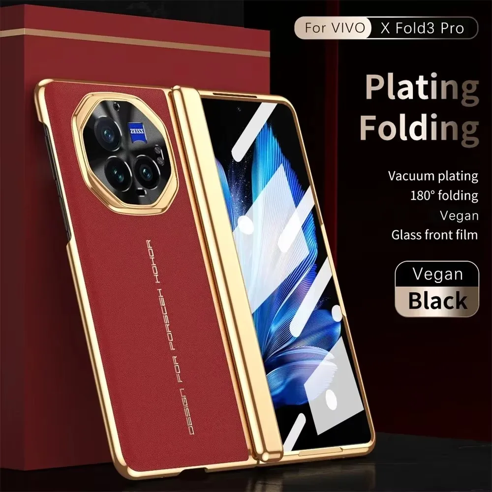Luxury Electroplated Matte Leather Case For VIVO X Fold 3 Pro X FOLD3 With Tempered Film Anti-Fingerprint Shockproof Hard Cover - Image 4