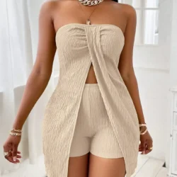 Fashion Twist Pure Color Asymmetrical Shoulder Bared Top And Shorts Set Open Front…