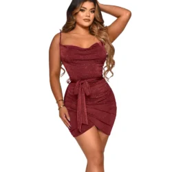 Spaghetti Strap Bodycon Mini Dress Self Tie Waist Ruched Wrap Hem Night Club Party…