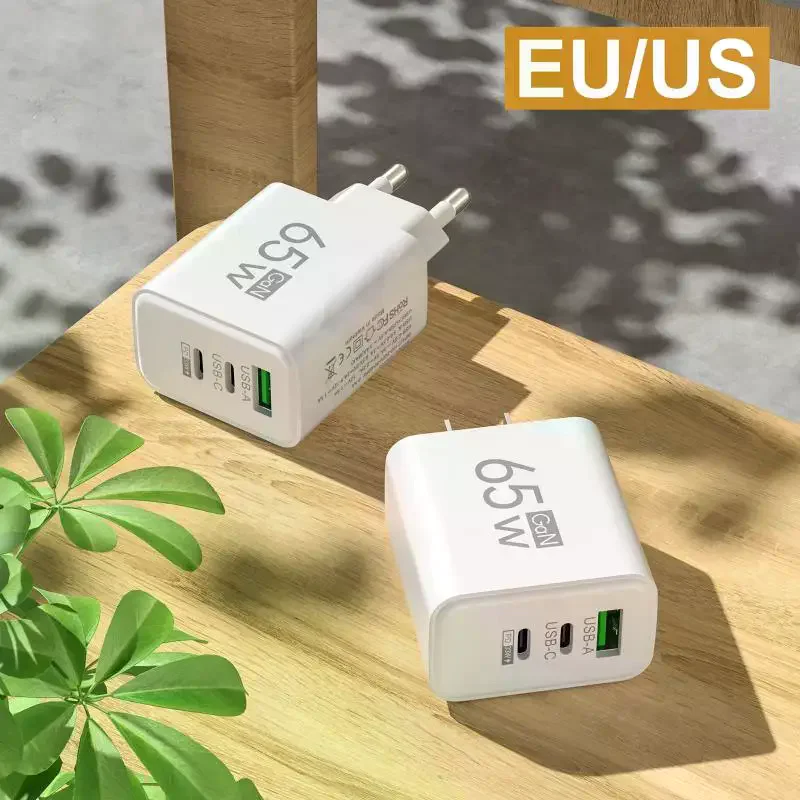 65W GaN Quick Wall Charger EU Plug Dual USB C & USB A Port 3-in-1 Fast Charging…