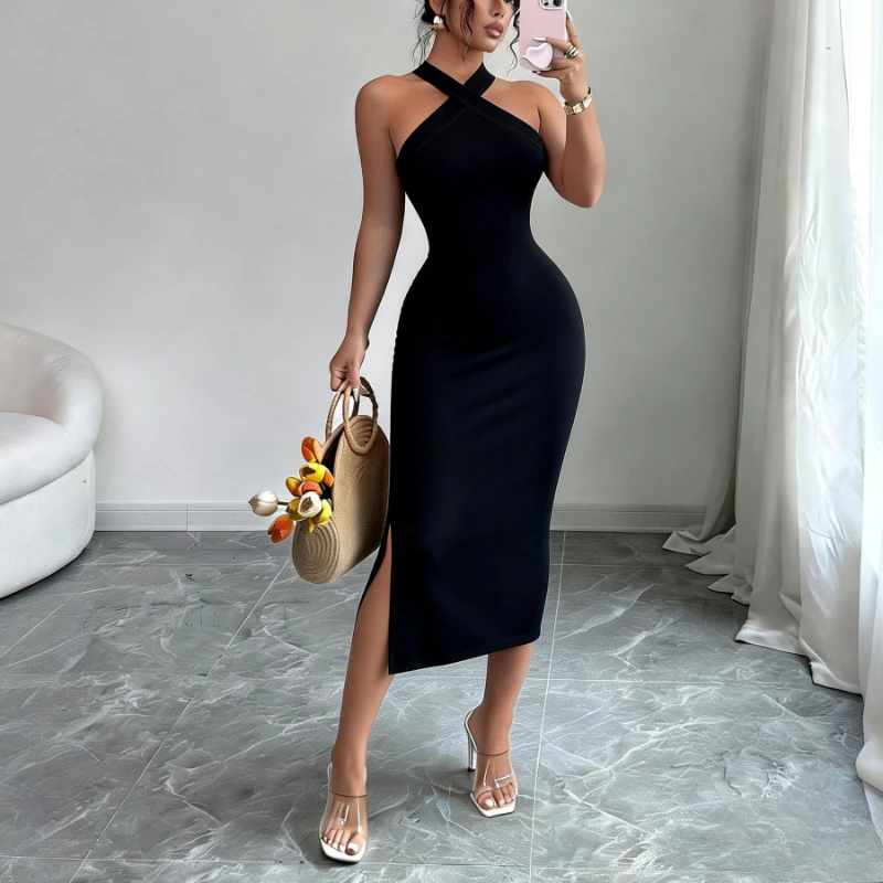Women's Burgundy Halter Neck Sleeveless Stretchy Knit Bodycon Midi Dress Side Slit… - Image 8