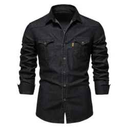 Men's Casual Solid-Color Long-Sleeve Denim Shirt, a Fashionable and Versatile Breathable Cotton Coat.