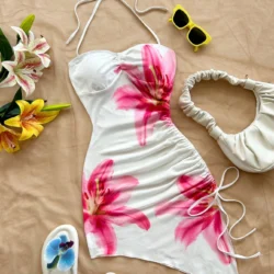 Women's Beach Vacation Graphic Floral Print Dress Asymmetric Hem Halter Neck Bow…