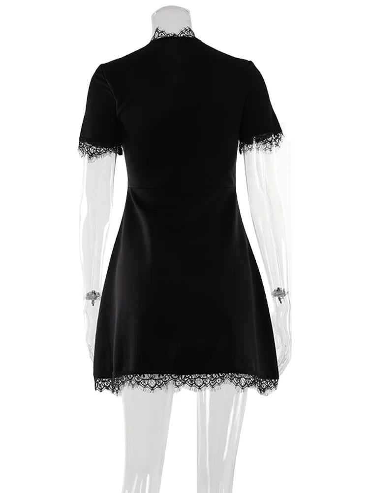 Ahagaga Sexy Women's Mini Dresses Patchwork Short Sleeves Lace Hollow Out Slim Fit… - Image 15