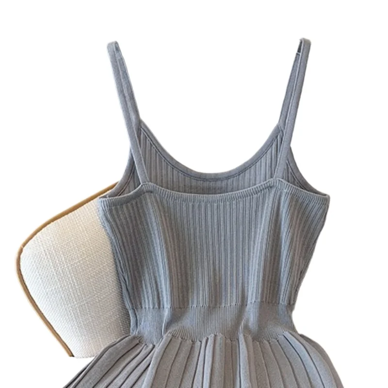 Women's Light Blue Spaghetti Strap Sundress Ribbed Knit Pleated A Line Mini Dress… - Image 11