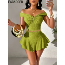 FAGADOER Fashion Mini Pleated Skirt 2 Pcs Sets Sexy Ruched Off Shoulder Crop Top +…