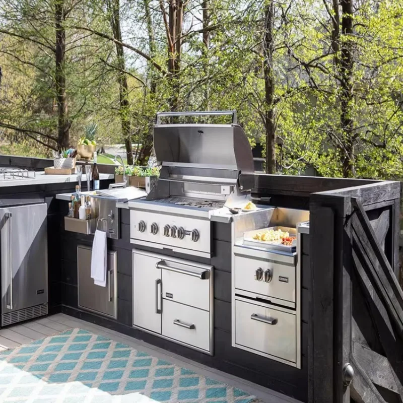 Outdoor Kitchen with Roof Cover Weather-Resistant BBQ Cabinet Set Stainless Steel Garden Kitchen Island with Grill Station - Image 19