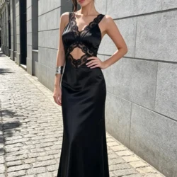 Women Satin Maxi Dress Lace Cutout V Neck Sleeveless Backless Bodycon Long Dress…