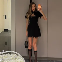 Lace Patchwork Hollow Out Bodycon Sheath High Collar Women Dresses Half Sleeves…