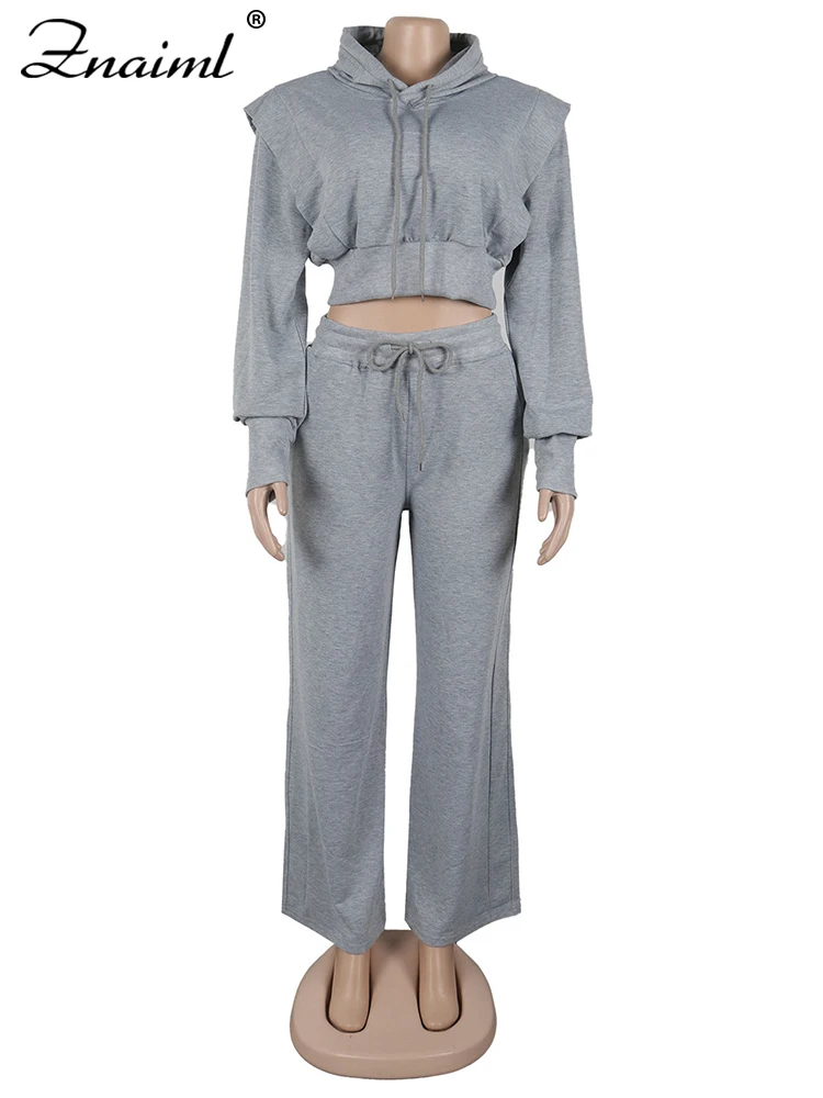 Znaiml Gray Outfit Women Sport Two 2 Piece Winter Sweatshirt Hoodies Tops and Wide… - Image 3