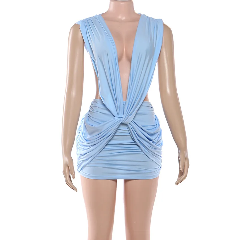 Solid Cross Twist Ruched Bodycon Mini Dress Women Sexy Deep V Neck Sleeveless… - Image 3