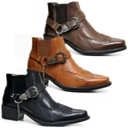 Fashion 2026 Men's Vintage Cowboy Boots Leather High Top Chain Buckle Strap Punk Shoes Pointed Toe Biker Ankle Boots for Men