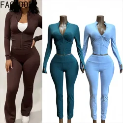 FAGADOER Sexy Women 2 Piece Outfit Zip Front Long Sleeve Bodycon Jacket High Waist…