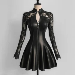 Fashionable PU Leather Lace Patchwork Waist-Cinching Dress Autumn Winter Long…