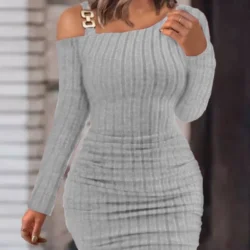 Women Knit Cold Shoulder Long Sleeve Bodycon Dress With Metal Buckle Detail Ruched…