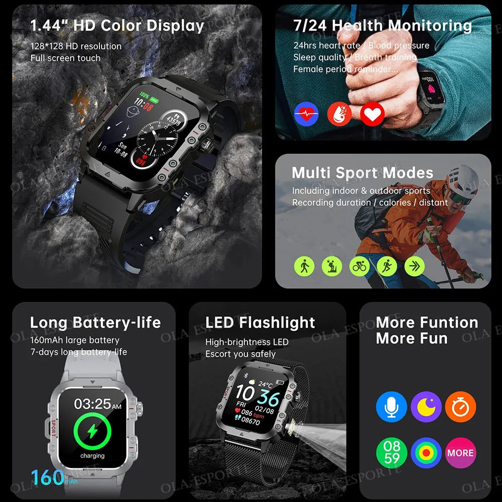 2025 New Military Smart Watch Men IP67 3ATM Waterproof Outdoor Sports Fitness Tracker Health Monitor 1.44" BT Call Smartwatch H1 - Image 3