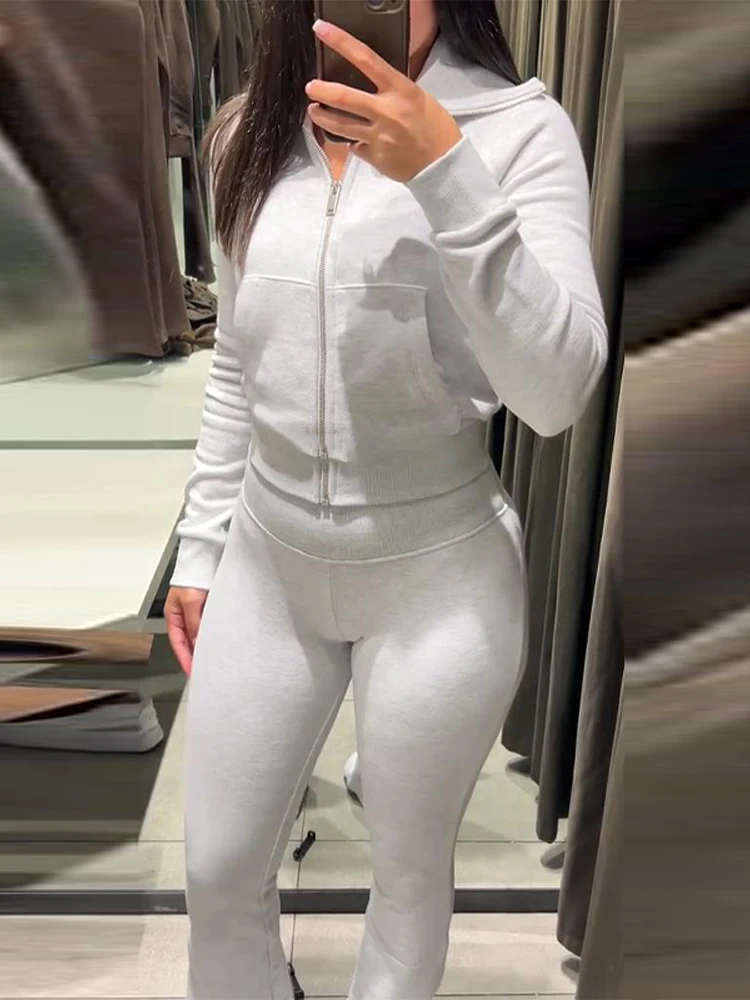 Zipper Plush Jacket Long Pants Lady Set Solid Color Lapel Jackets High Waist Slim… - Image 2